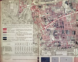 Lontoo: Whitechapel-osio, kuvailevasta East Endin köyhyyden kartasta, 1887